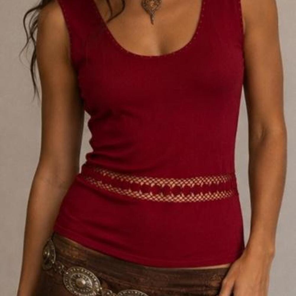 Y2K Burgundy Knit Tank Top Crochet Waist Beaded Sleeveless Boho Festival Medium